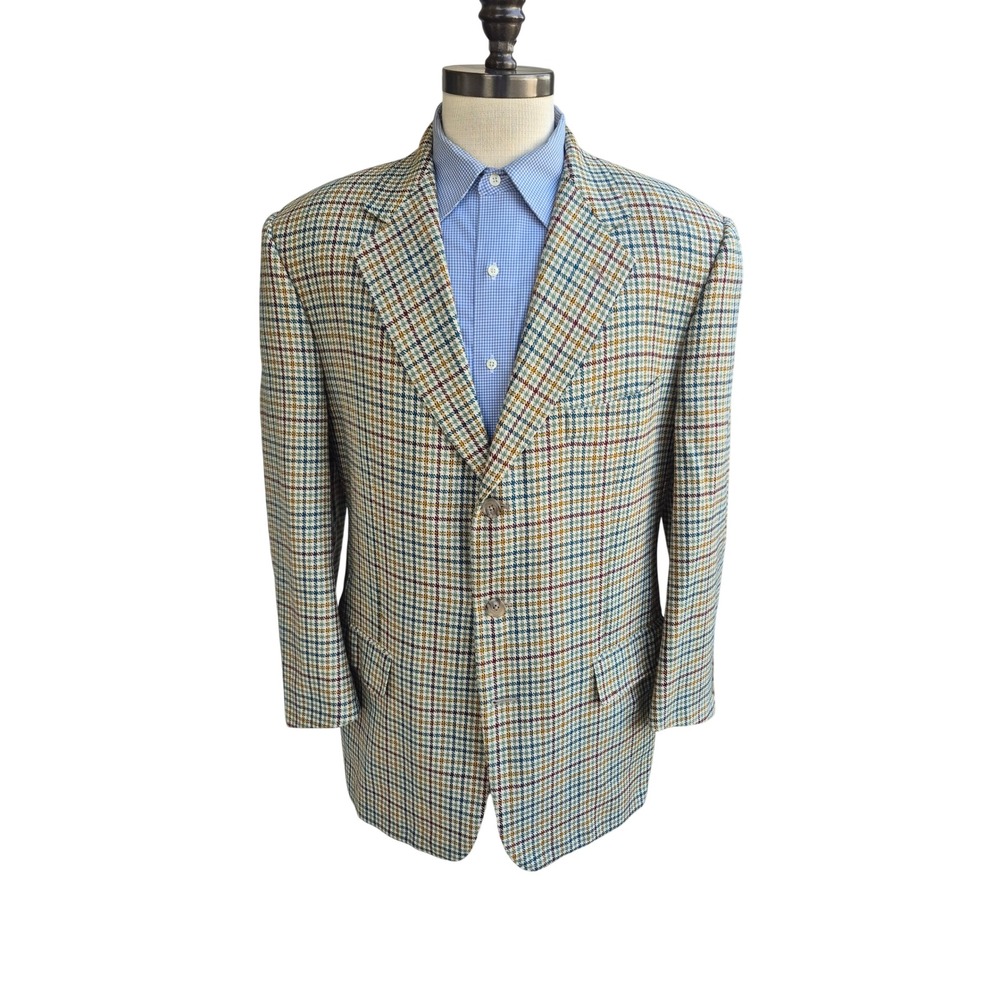 Corneliani Mens Italy Wool Check Sport Coat Blazer Mens Sz 44 R Gold Olive Plaid